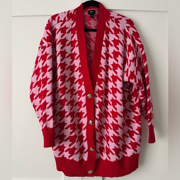 River island red and pink Chic Houndstooth Cardigan gold buttons US 14-16 - Picture 3 of 10